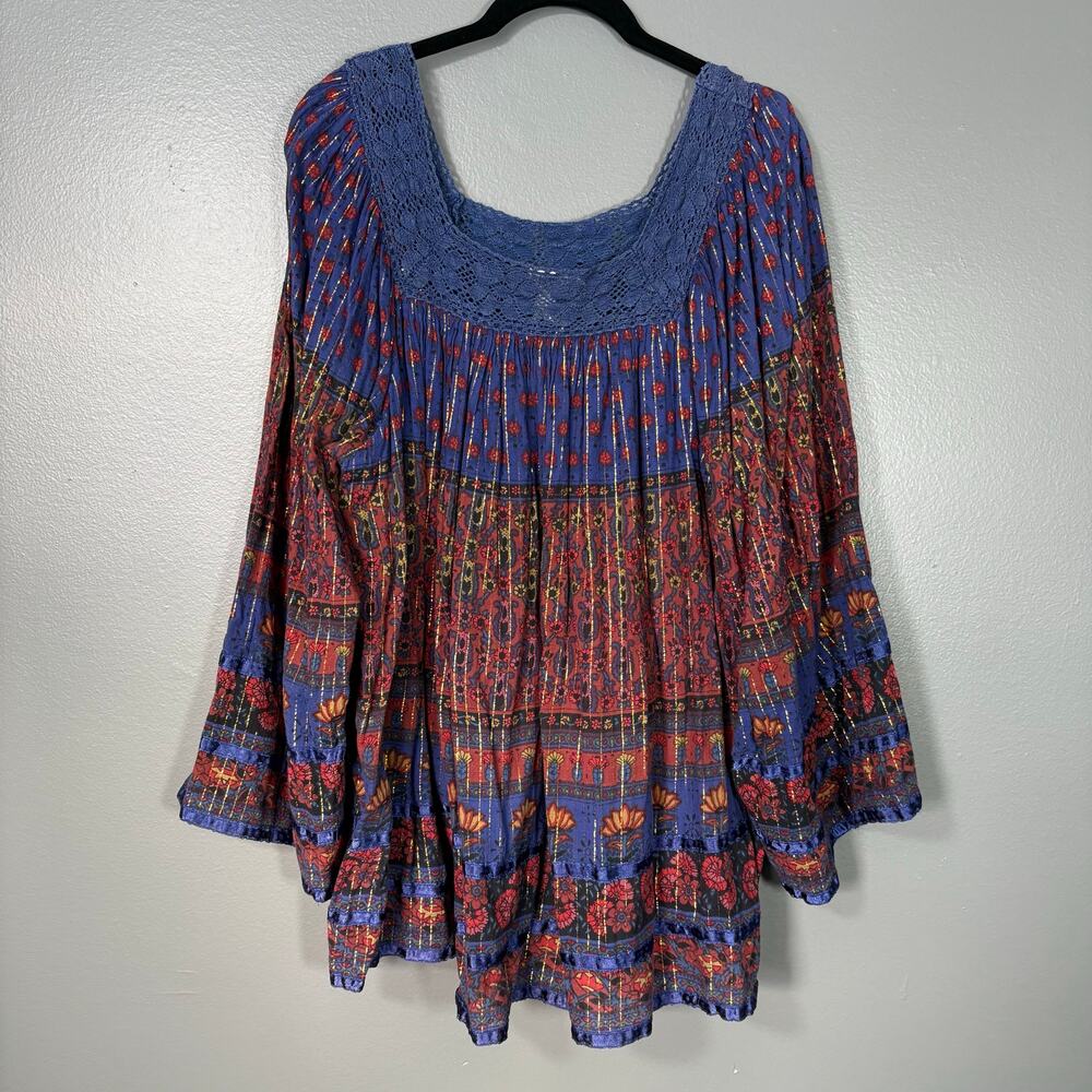Marisol Blue & Red Lace Trim Boho Print Peasant Blouse - 1X - Women's Plus Size